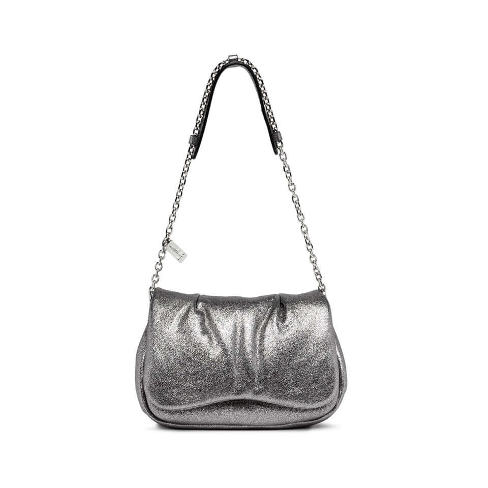 Borsa GLENDA in pelle laminata, colore argento, tracolla a catena, dimensioni 23x13x8 cm, Gianni Chiarini.