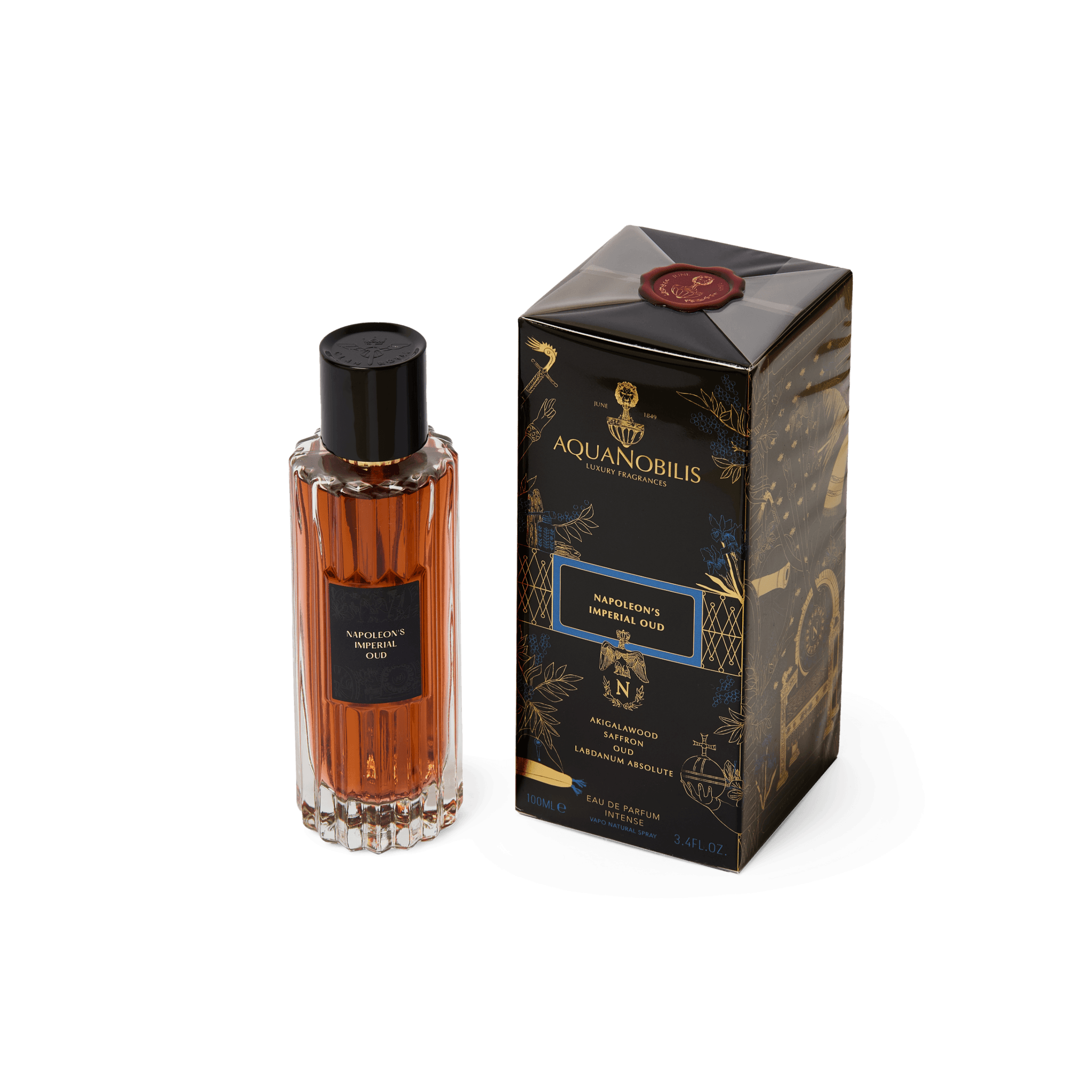 Napoleon's Imperial Oud perfume bottle and box from Aquanobilis, showcasing its luxurious design and scent.