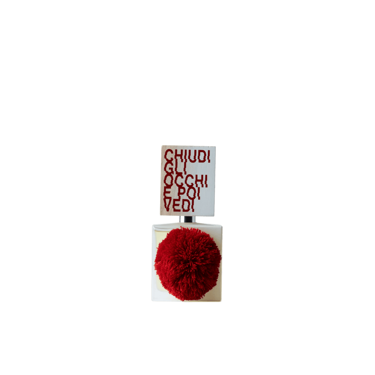Flacone di profumo CHIUDI GLI OCCHI E POI VEDI con pompon rosso.
