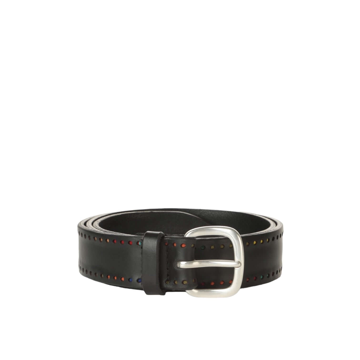 Cintura Bull Point in cuoio, 3.5 cm, fibbia argento, design elegante, forature colorate, realizzata in Italia.
