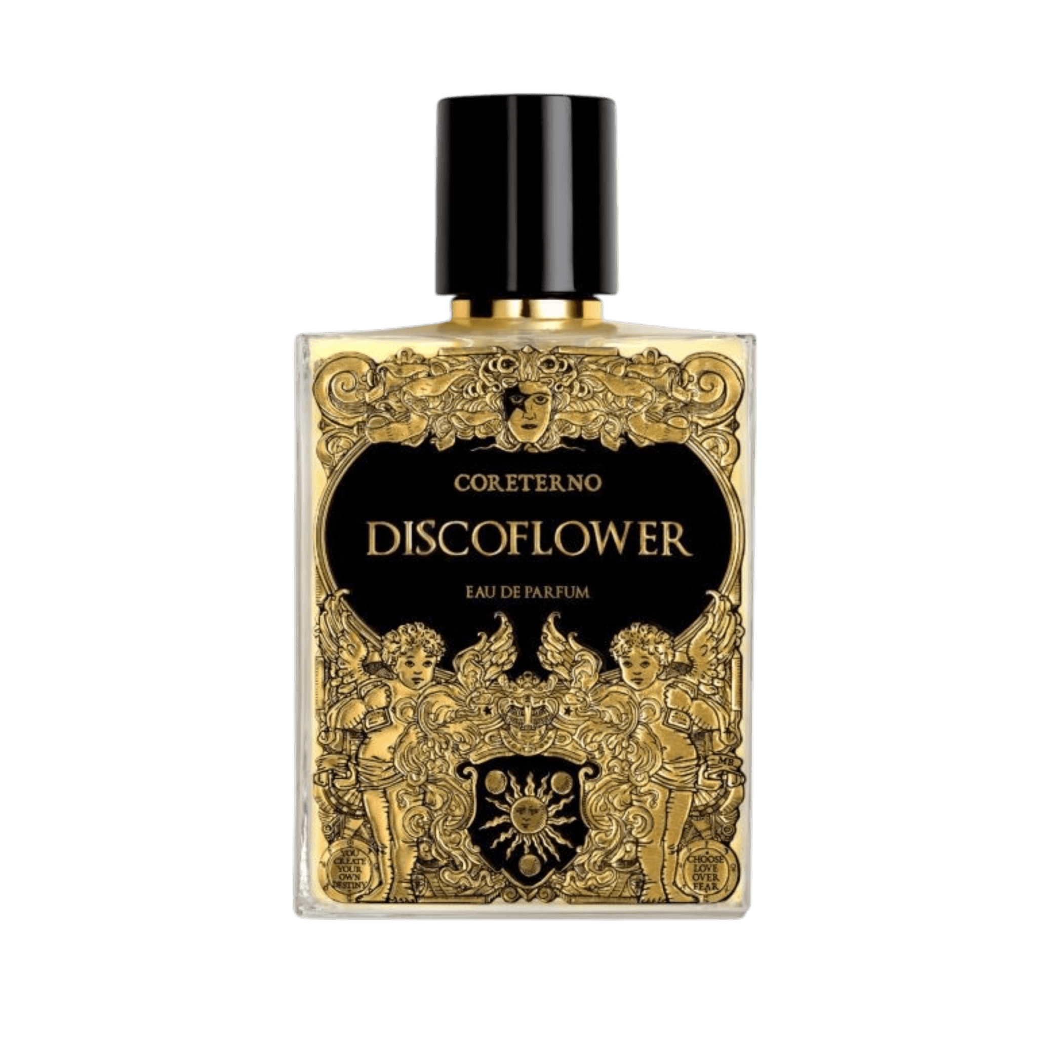 Flacone di profumo Discoflower di Coreterno, Eau de Parfum in un design elegante e distintivo.