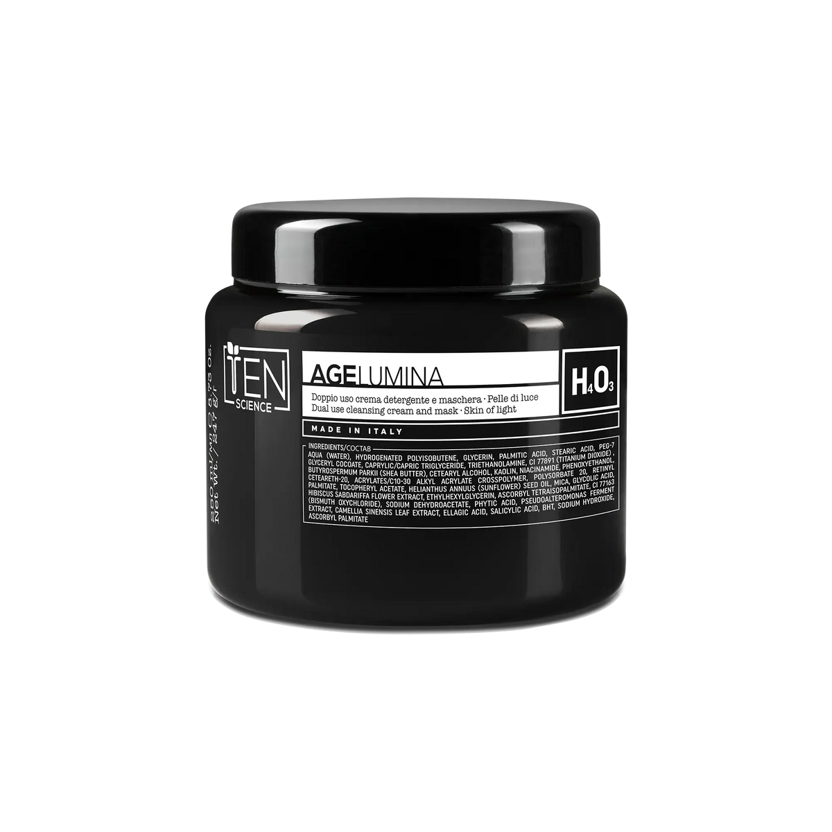Doppio uso crema detergente e maschera pelle di luce in un barattolo nero di H.O. age luminosa.