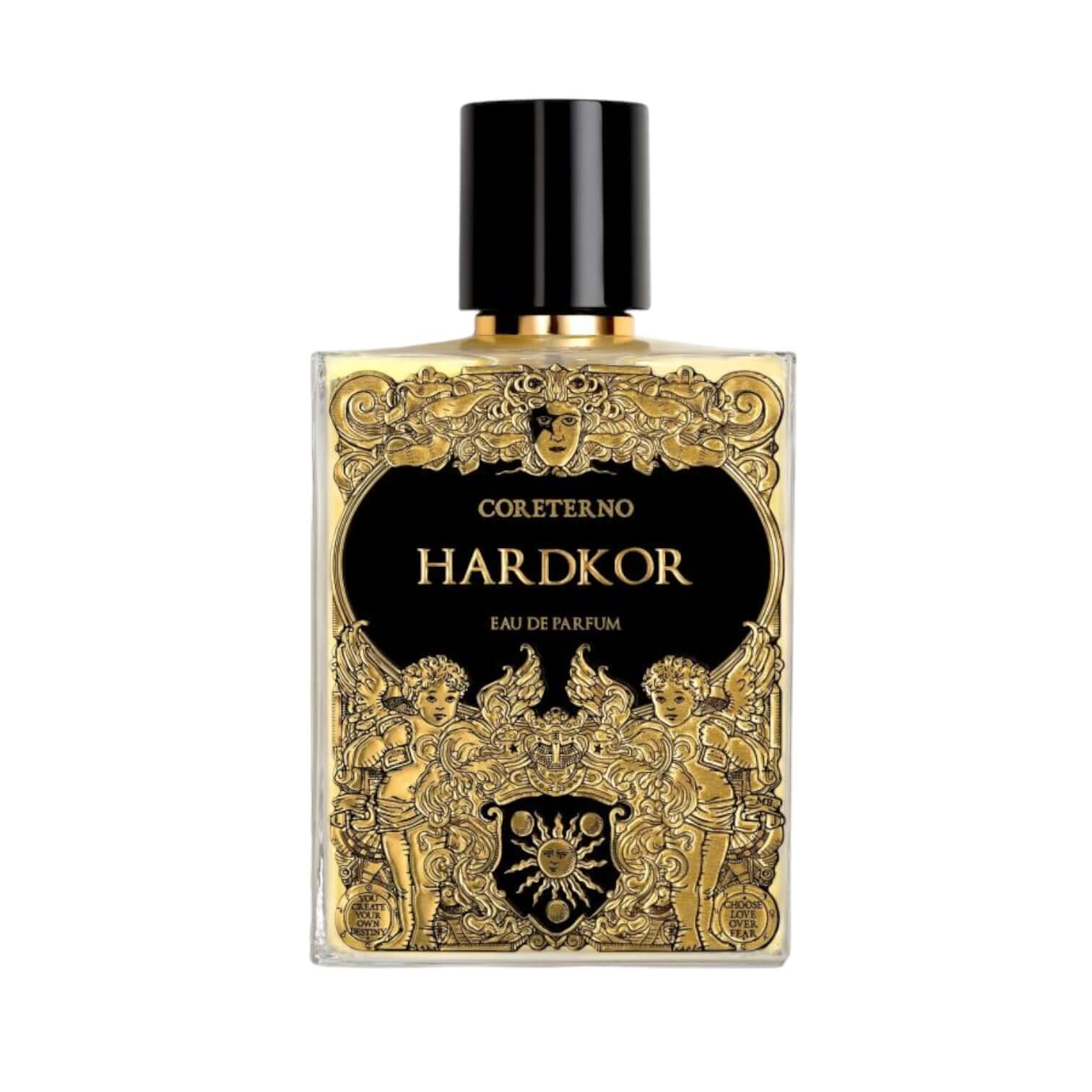 Hardkor Eau De Parfum bottle with ornate black and gold design, symbolizing sensual and creative fragrance.