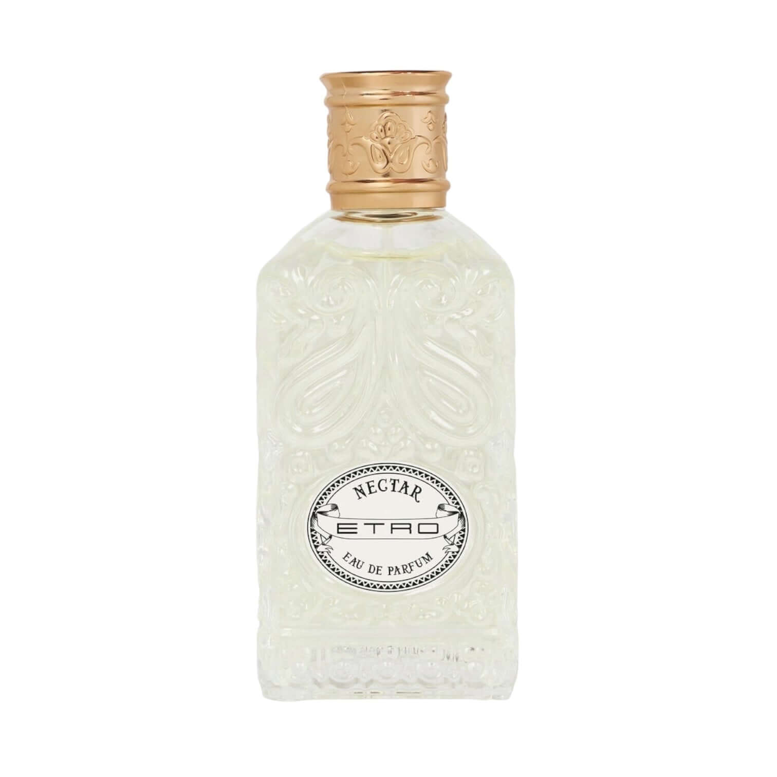 Bottle of Nectar Eau De Parfum by Etro, featuring a decorative design and golden cap.