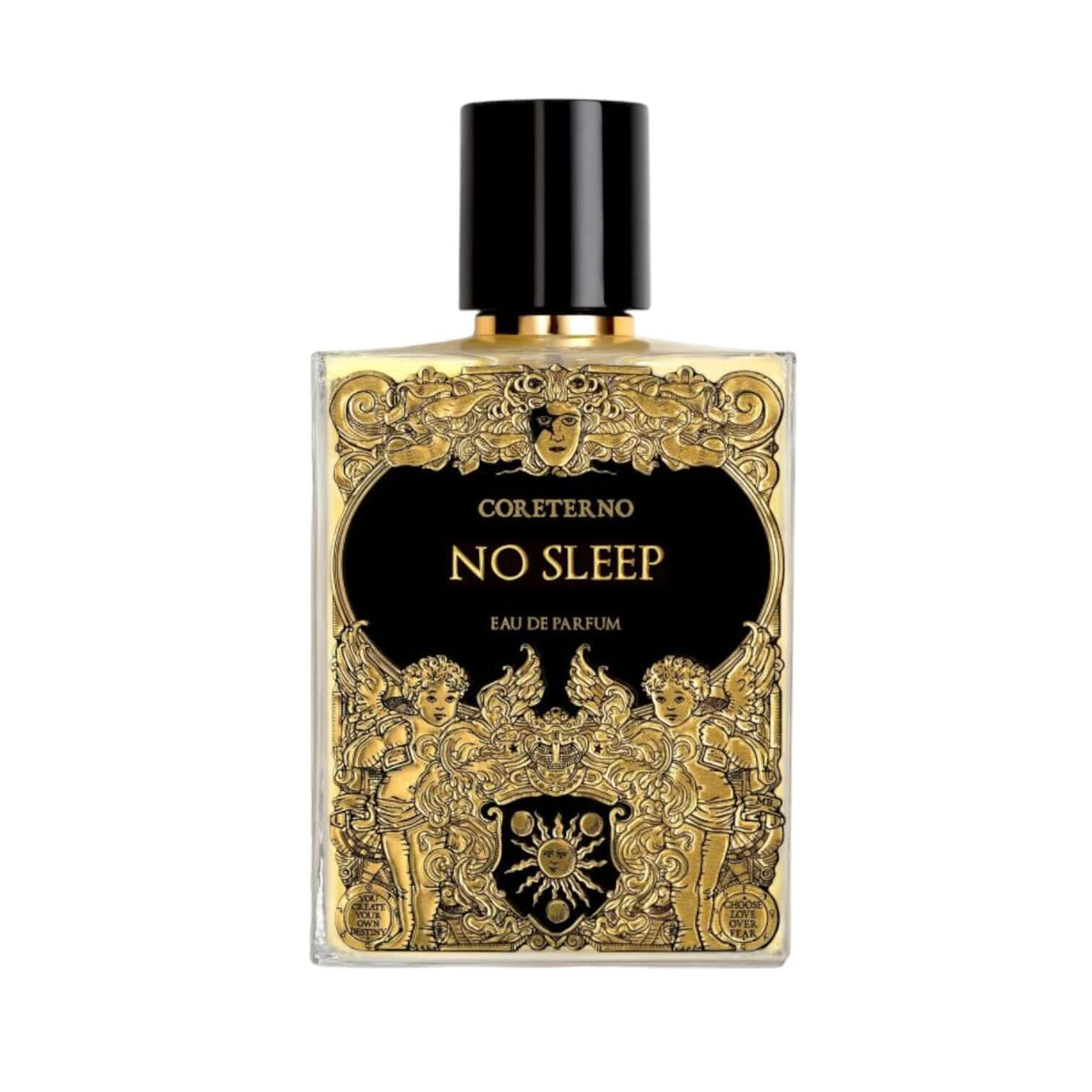 No Sleep Eau De Parfum bottle with ornate gold design and black cap, representing an exhilarating fragrance.