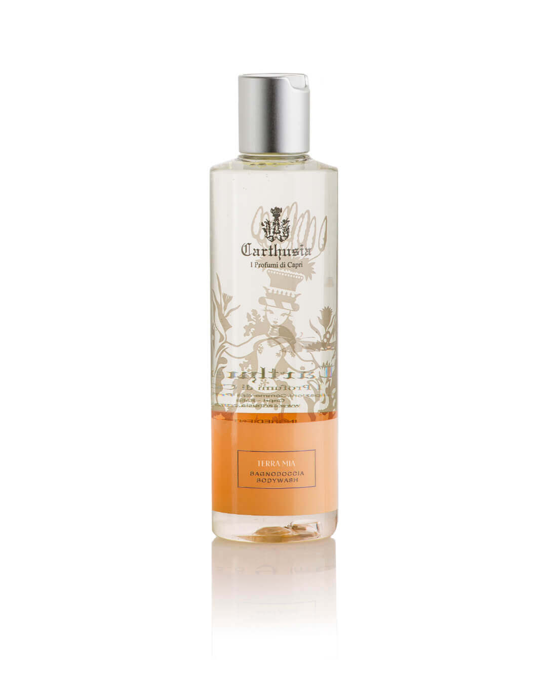 bagno doccia Terra Mia in bottiglia trasparente con etichetta elegante, unisce profumi intensi e dolci.