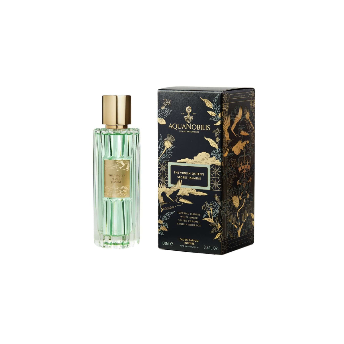 The Virgin’s Secret Jasmine perfume bottle with elegant packaging showcasing floral and amber design.