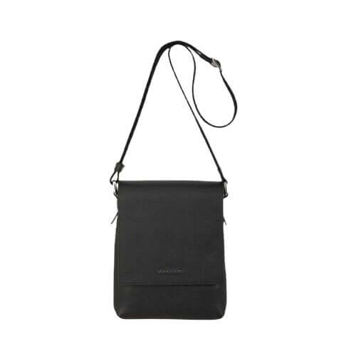 Borsa Messenger Micron in pelle martellata nera con tracolla regolabile e patta, dimensioni 23x19x5 cm.