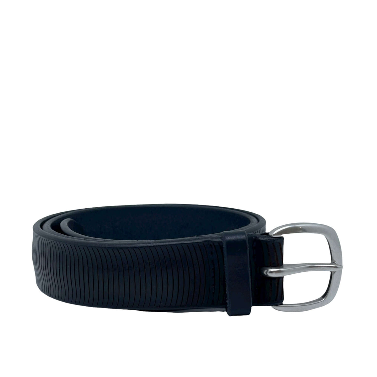 Cintura Bull Soft Blu in cuoio con fibbia argentata, h. 3,5 cm, decorazione incisa, made in Italy.
