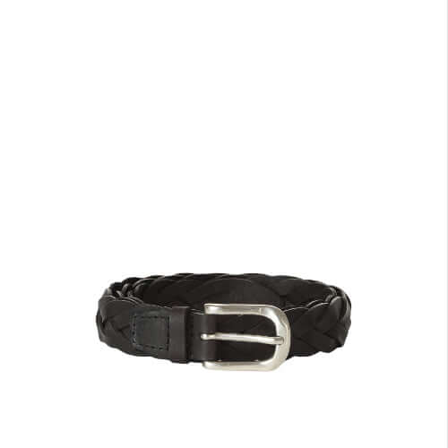 Cintura Cardiff in cuoio nero, intrecciata, con fibbia argentata, Made in Italy, altezza 2,5 cm.